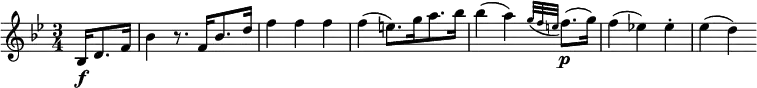  \relative bes {
\key bes \major \time 3/4
\partial 16 * 5 bes16[ \f d8. f16] | bes4 r8. f16[ bes8. d16] | f4 f f
f4( e8.)[ g16 a8. bes16] | bes4( a) \appoggiatura { g32 f e } f8.( \p g16)
f4( es!) es-. | es4( d)
} 