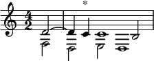 
\relative{ \time 4/2 \partial 2
\new Staff

  <<

    { \voiceOne d'2 ~ d4 c^"*" c1 b2}
  \new Voice= "Dux"
    { \voiceTwo f2 d e d1}

  >>

}
