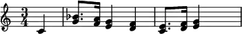 {\time 3/4 \skip2 c' <g' bes'>8. <f' a'>16 <e' g'>4 <d' f'> <c' e'>8. <d' f'>16 <e' g'>4 \skip4}