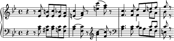 {
  \set Score.tempoHideNote = ##t
  \new PianoStaff <<
    \new Staff { \clef violin \key bes \major \time 4/4 \tempo 4 = 70
      r4 r8 <es' c''> <es' b'> <es' c''> <es' bes'> <es' a'>
      <e' c''>4( <f' a'>8) r <e'' c'''>4( <f'' a''>8) r
      <f' c''>4. <f' c''>8
      << { \voiceOne
        d''8 c'' e'' f''
        g''8 r
      }
      \new Voice { \voiceTwo
        f'4 bes'8 a'
        bes'8 r
      } >> \oneVoice
    }
    \new Staff { \clef bass \key bes \major \time 4/4
      r4 r8 <a c'>8 <gis c'> <a c'> <g c'> <f c'>
      <a~ c'~>4 <f c'>8 r \clef violin <a'~ c''~>4 <f' c''>8 r
      \clef bass <a c'>4. <a c'>8
      << { \voiceOne
        c'4 c'8 c'
        c'8 r
      }
      \new Voice { \voiceTwo
        bes8 a g f
        e8 r
      } >> \oneVoice
    }
  >>
}