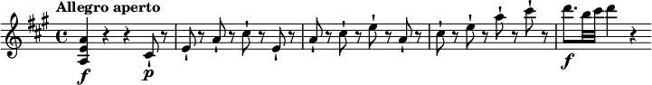 \relative c'' {
\key a \major
\tempo "Allegro aperto"
<a e a,>4\f r r cis,8-!\p r |
e-! r a-! r cis-! r e,-! r |
a-! r cis-! r e-! r a,-! r |
cis-! r e-! r a-! r cis-! r |
d8.\f b32 cis d4 r
}