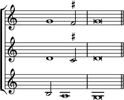 

\new ChoirStaff
<<
   \new Staff <<
     \set Score.tempoHideNote = ##t
     \tempo 2 = 92
     \time 2/1
           \override Staff.TimeSignature.transparent = ##t
              \relative c'' {\set suggestAccidentals = ##t s2 g1 fis2 g\breve \bar "||"}
   >>

   \new Staff <<
           \override Staff.TimeSignature.transparent = ##t
              \relative c' {\set suggestAccidentals = ##t s2 d1 cis2 d\breve}
   >>

   \new Staff <<
           \override Staff.TimeSignature.transparent = ##t
              \relative c' {s2 b a1 g\breve}
   >>

>>

