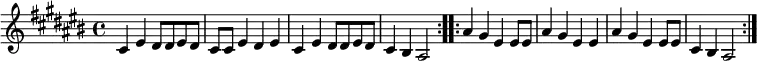 \relative c' { \key cis \major \time 4/4 \repeat volta 2 {cis4 eis4 dis8 dis8 eis8 dis8 cis8 cis8 eis4 dis4 eis4 cis4 eis4 dis8 dis8 eis8 dis8 cis4 bis4 ais2} \repeat volta 2 {ais'4 gis4 eis4 eis8 eis8 ais4 gis4 eis4 eis4 ais4 gis4 eis4 eis8 eis8 cis4 bis4 ais2}}