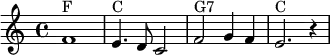 \relative c' {\key c \major \time 4/4 f1^"F" e4.^"C" d8 c2 f2^"G7" g4 f e2.^"C" r4} 