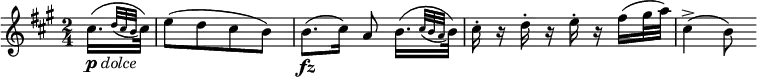  { \relative cis'' { \key a \major \time 2/4
\partial 8 cis16.([ _\markup { \musicglyph #"p" \italic "dolce" } \appoggiatura { d32 cis b } cis32)] |
e8([ d cis b)] | b8.( \fz cis16) a8 b16.([ \appoggiatura { cis32 b a } b32)] |
cis16-. r d-. r e-. r fis( gis32 a) | cis,4(-> b8)
}} 