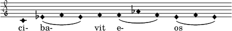 { \clef "petrucci-g" \override Staff.TimeSignature #'stencil = ##f \set Score.timing = ##f \override Voice.NoteHead #'style = #'harmonic-black c'1 es'1 (f'1 es'1) f'1 f'1 (aes'1 f'1)) es'1 (f'1 es'1) } \addlyrics { ci- ba- vit e- os}