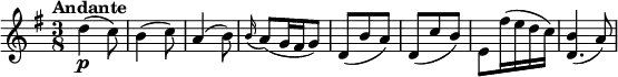 
\relative c'' {
    \version "2.18.2"
    \key g \major
    \numericTimeSignature
    \time 3/8
    \tempo "Andante"
    \tempo 4 = 60
    d4\p^ (c8)
    b4 (c8)
    a4 (b8)
    \grace b16 (a8) (g16 fis g8)
    d (b' a)
    d, (c' b)
    e, fis'16 (e d c)
    <<\relative {b'4 (a8) }\relative {d'4.}>>
  }

