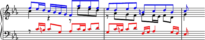 \version "2.14.2"
\header {
tagline = ##f
}
upper = \relative c'' {
\clef treble
\override Staff.TimeSignature.transparent = ##t
\key c \minor
\tempo 4 = 88
<<
{
\voiceOne
\override NoteHead.color = #blue \override Stem.color = #blue \override Beam.color = #blue \override Accidental.color = #blue f8 es16 d c bes as g f8 as' g f es d es f b, c d b c
}
\new Voice {
\voiceTwo
c4 r r8 f es d r as g f g f16 es f8 d g4
}
>>
}
lower = \relative c' {
\clef bass
\override Staff.TimeSignature.transparent = ##t
\key c \minor
{
\voiceOne
r8 \override NoteHead.color = #red \override Stem.color = #red \override Beam.color = #red \override Accidental.color = #red c16 b c8 g as c16 b c8 d g, c16 b c8 d f,16 g as4 g16 f es
}
}
\score {
\new PianoStaff <<
\new Staff = "upper" \upper
\new Staff = "lower" \lower
>>
\layout {
\context {
\Score
\remove "Metronome_mark_engraver"
}
}
\midi { }
}
