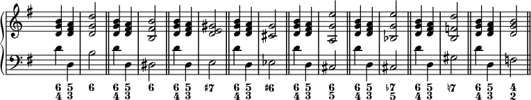 \new PianoStaff <<
\new Staff {
\key g \major
\time 2/4
\override Staff.TimeSignature.transparent = ##t
\new Voice = "right" {
\relative c'' { \clef treble <b g d>4 <a fis d> <d g, d>2 \bar "||" <b g d>4 <a fis d> <b fis b,>2 \bar "||" <b g d>4 <a fis d> <gis e d>2 \bar "||" <b g d>4 <a fis d> <g cis,>2 \bar "||" <b g d>4 <a fis d> <e' g, a,>2 \bar "||" <b g d>4 <a fis d> <e' g, bes,>2 \bar "||" <b g d>4 <a fis d> <d f, b,>2 \bar "||" <b g d>4 <a fis d> <b g d>2 \bar "||"
}
}
}
\new Staff {
\key g \major
\time 2/4
\override Staff.TimeSignature.transparent = ##t
\new Voice = "left" {
\relative c' { \clef "bass" d4 d, b'2 d4 d, dis2 d'4 d, e2 d'4 d, es2 d'4 d, cis2 d'4 d, cis2 d'4 d, gis2 d'4 d, f2
}
}
}
\new FiguredBass {
\figuremode { <6 4>4 <5 3> <6>2 <6 4>4 <5 3> <6>2 <6 4>4 <5 3> <7 +>2 <6 4>4 <5 3> <6+>2 <6 4>4 <5 3> <6 5>2 <6 4>4 <5 3> <7- 5>2 <6 4>4 <5 3> <7!>2 <6 4>4 <5 3> <4 2>2
}
}
>>