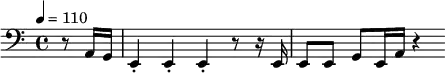 \relative c {\tempo 4 = 110 \time 4/4 \partial 4 \clef bass r8 a16 g e4-. e-. e-. r8 r16 e16 e8 e g e16 a r 4} 