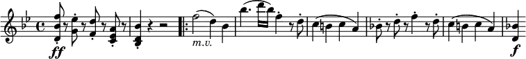 \relative f'' {
\key bes \major \time 4/4
<f bes, d,>8-. \ff r <es g,>-. r <d f,>-. r <a es c>-. r
<bes d, bes>4-. r r2 \bar ".|:"
f'2( _\markup { \italic "m.v." } d4) bes
bes'4.( d16 bes) f4-. r8 d-.
c4( b c a)
bes!8-. r d-. r f4-. r8 d-.
c4( b c a)
<bes! d,>4 \f
}
