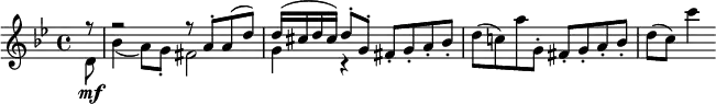 {{ \key g \minor \time 4/4 \partial 8 <<
\new Voice = "first" \relative f'' {
\voiceOne f8\rest | f2\rest f8\rest a,-. a( d) | d16( cis d cis) d8-. g,-. fis_. g_. a_. bes_. }
\new Voice = "second" \relative d' {
\voiceTwo d8 \mf | bes'4( a8) g-. fis2 | g4 c,\rest } >> |
\oneVoice \relative d''{d8( c!) a' g,-. fis-. g-. a-. bes-. | d8( c) c'4 }}}