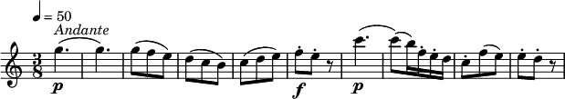 \relative c'' {
\version "2.18.2"
\key c \major
\numericTimeSignature
\time 3/8
\tempo 4 = 50
g'4.\p^\markup {\italic Andante } (g4.)
g8 (f e) d (c b) c (d e)
f-.\f e-. r8
c'4.\p (c8) (b16) f-. e-. d
c8-. f (e) e-. d-. r8
}