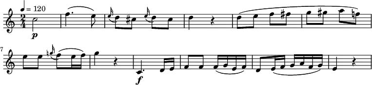 \relative c'' {
\version "2.18.2"
\key c \major
\time 2/4
\tempo 4 = 120
\tempo "Presto"
c2\p f4. (e8)
\grace e16 (d8) cis \grace e16 (d8) cis
d4 r4
d8 (e f fis g gis a f!)
e e \grace g!16 (f8) (e16 f)
g4 r4
c,,4.\f d16 e
f8 f f16 (g e f)
d8 e16 (f g a f g)
e4 r4
}
