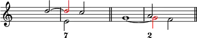 \new Staff
<<
\override Staff.TimeSignature.transparent = ##t
\set Score.tempoHideNote = ##t
\time 3/2
\tempo 4 = 160
<<
\new Voice = "first"
\relative c''
{ \voiceOne s1 d2 ~ \tweak NoteHead.color #red \tweak Stem.color #red d c s2 \bar "||" s1. a2 s1 \bar "||"
}
\new Voice = "second"
\relative c'
{ \voiceTwo s1. e2 s1 \bar "||" s2 g1 ~ \tweak NoteHead.color #red \tweak Stem.color #red g2 f
}
>>
\new FiguredBass {
\figuremode { <_>1. <7> <_> <2>
}
}
>>