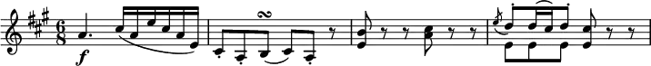 { \relative a' { \key a \major \time 6/8
a4. \f cis16( a e' cis a e) | cis8-. a-. b( \turn cis) a-. r | <b' e,> 8 r r <cis a> r r |
<< \new Voice = "first" { \stemUp \slurDown \acciaccatura e8 \stemUp \slurUp d8^. d16( cis) d8^. }
\new Voice = "second" { \stemDown e,8 e e } >> <cis' e,>8 r r }}