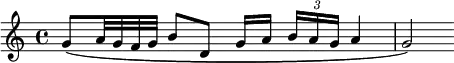 \relative c'' { g8\( a32 g f g b8 d, g16[ a] \times 2/3 { b a g } a4 g2\) } 