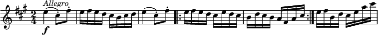 {
\set Score.tempoHideNote = ##t
\key a \major \time 2/4 \tempo 4 = 100
e''4( \f\p^\markup{\italic{Allegro}} cis''8)\staccato fis''\staccato
e''16 fis'' e'' d'' cis'' b' cis'' d''
e''4( cis''8)\staccato fis''\staccato
\repeat volta 2 {
e''16 fis'' e'' d'' cis'' e'' d'' cis''
b'16 d'' cis'' b' a' fis' a' cis''
}
e''16 fis'' b' d'' cis'' e'' a'' cis'''
}