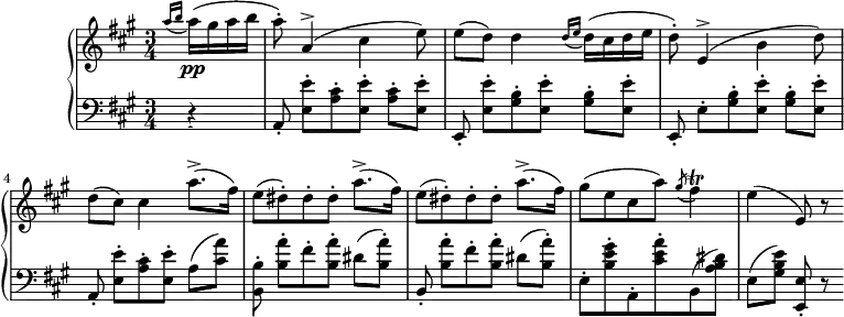 
\version "2.14.2"
\header {
  tagline = ##f
}
upper = \relative c'' {
  \clef treble
  \key a \major
  \time 3/4
  \tempo 4 = 102
    \set Staff.midiInstrument = #"violin"

  \partial 4
 \acciaccatura { a'16[ b] }
  a16\pp( gis a b
  a8-.) a,4^>( cis e8)
  e8( d) d4 \acciaccatura { d16[ e] }  d16( cis d e
  d8-.) e,4^>( b' d8)
  d8( cis) cis4
  \repeat unfold 2 { a'8.->( fis16) e8[( dis-.) dis-. dis-.] } a'8.->( fis16)
  gis8( e cis a') \acciaccatura gis8( fis4)\trill % \startTrillSpan { \afterGrace e16[ fis]\stopTrillSpan }
  e4( e,8) r8

}

lower = \relative c {
  \clef bass
  \key a \major
  \time 3/4
    \set Staff.midiInstrument = #"pizzicato strings"

   \acciaccatura s8
   \partial 4
   r4
   a8-. < e'' e, >8-.[ \repeat unfold 2 { < cis a >8-. < e e, >8-.] }
   e,,8-. < e'' e, >8-.[ \repeat unfold 2 { < b gis >8-. < e e, >8-.] }
   e,,8-. e'8-.[ \repeat unfold 2 { < b' gis >8-. < e e, >8-.] }
   a,,8-. < e'' e, >8-.[ < cis a >8-. < e e, >8-.] a,( < a' cis, >8)
   < b, b, >8-. < a' b, >8-.[ fis-. < a b, >8-.] dis,( < a' b, >8-.)
   b,,8-. < a'' b, >8-.[ fis-. < a b, >8-.] dis,( < a' b, >8-.)
   e,8-. < gis' e b >8-. a,,8-. < a'' e cis >8-. b,,( < dis' b a >8)
   e,8[( < e' b gis >8)] < e, e, >8-. r8 \bar ":|"

}

\score {
  \new PianoStaff <<
    \set PianoStaff.instrumentName = #"Cordes"
    \new Staff = "upper" \upper
    \new Staff = "lower" \lower
  >>
  \layout {
    \context {
      \Score
      \remove "Metronome_mark_engraver"
    }
  }
  \midi { }
}
