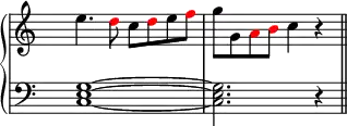 \new PianoStaff <<
\new Staff <<
\set Score.tempoHideNote = ##t
\tempo 4 = 100
\override Staff.TimeSignature.transparent = ##t
\relative c'' { e4. \tweak color #red d8 c \tweak color #red d e \tweak color #red f g g, \tweak color #red a \tweak color #red b c4 r4 \bar "||" }
>>
\new Staff <<
\override Staff.TimeSignature.transparent = ##t
\clef "bass"
\relative c { <c e g>1 ~ <c e g>2. r4 }
>>
>>