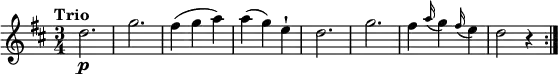 
\relative c'' {
    \version "2.18.2"
    \key d \major
    \time 3/4
    \tempo "Trio"
  d2.\p g fis4 (g a)
  a (g) e-!
  d2. g
  fis4 \grace a16 (g4) \grace fis16 (e4)
  d2 r4  \bar ":|."
  }
