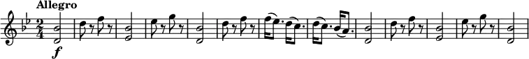 
\relative c'' {
  \version "2.18.2"
  \clef "treble"
  \tempo "Allegro"
  \key bes \major
  \time 2/4
    <d, bes'>2\f
    d'8 r8 f8 r8
    <ees, bes'>2
    ees'8 r8 g8 r8
    <d, bes'>2
    d'8 r8 f8 r8
    f16 (ees8.) d16 (c8.)
    d16 (c8.) bes16 (a8.)
    <d, bes'>2
    d'8 r8 f8 r8
    <ees, bes'>2
    ees'8 r8 g8 r8
    <d, bes'>2
}
