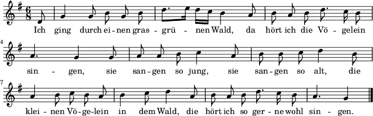 \relative d' {\key g \major \time 6/8 \autoBeamOff 
\partial 8 d8 | g4 g8 b g b | d8.[ e16] d[ c] b4 a8 | b a b d8. c16 b8 | a4. g4 g8 |
a a b c4 a8 | b b c d4 b8 | a4 b8 c b a | b4 c8 d4 a8 | b a b d8. c16 b8 | a4. g4 \bar "|." }
\addlyrics { 
Ich ging durch ei -- nen gras -- grü -- nen Wald, 
da hört ich die Vö -- ge -- lein sin -- gen, 
sie san -- gen so jung, sie san -- gen so alt, 
die klei -- nen Vö -- ge -- lein in dem Wald, 
die hört ich so ger -- ne wohl sin -- gen. }