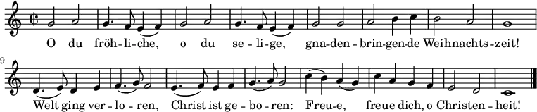 
<<
  \new Voice \relative c'' {
    \autoBeamOff
    \language "deutsch"
    \tempo 4 = 120 \set Score.tempoHideNote = ##t
    \time 2/2
    \repeat unfold 2 {
      g2 a g4. f8 e4 ( f )
    }
    g2 g a h4 c h2 a g1
    d4. ( e8 ) d4 e f4. ( g8 ) f2
    e4. ( f8 ) e4 f g4. ( a8 ) g2
    c4 ( h ) a ( g ) c a g f e2 d c1 \bar "|."
  }
  \addlyrics {
    O du fröh -- li -- che, o du se -- li -- ge,
    gna -- den -- brin -- gen -- de Weih -- nachts -- zeit!
    Welt ging ver -- lo -- ren, Christ ist ge -- bo -- ren:
    Freu -- e, freu -- e dich, o Chris -- ten -- heit!
  }

>>
