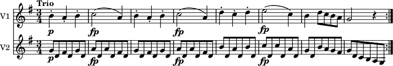 
<<
\new Staff \with { instrumentName = #"V1 "}  \relative c'' {
    \version "2.18.2"
    \key g \major 
    \tempo "Trio"
    \time 3/4
    b4-.\p a-. b-.
    c2\fp (a4)
    b4-. a-. b-.
    c2\fp (a4)
    d4-. c-. d-.
    e2\fp (c4)
    b d8 c b a
    g2 r4 \bar ":|."
}
\new Staff \with { instrumentName = #"V2 "} \relative c'' {
    \key g \major 
    \time 3/4
     g8 \p d fis d g d
    a' \fp d, a' d, fis d
     g  d fis d g d
     a' \fp d, a' d, fis d
     b'  d, a' d, b' d,
     c' \fp d, c' d, a' d,
     g d b' a g fis
     g d c b a g \bar ":|."
}
>>
