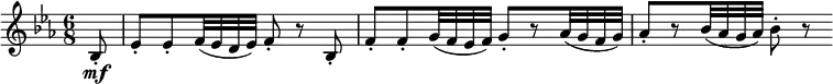  { \relative bes { \key es \major \time 6/8
\partial 8 bes8-. \mf | es8-. es-. f32( es d es) f8-. r bes,-. |
f'8-. f-.  g32( f es f) g8-.[ r as32( g f g)] | as8-.[ r bes32( as g as)] bes8-. r }
} 