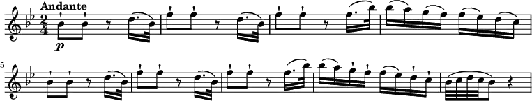 
\relative c'' {
  \version "2.18.2"
  \tempo "Andante"
  \key bes \major
  \time 2/4
  \tempo 4 = 50
  bes8-!\p bes8-! r8 d16. (bes32)
  f'8-!  f-! r8 d16. (bes32)
  f'8-!  f-! r8 f16. (bes32)
  bes16 (a) g (f) f (ees) d (c)
  bes8-! bes8-! r8 d16. (bes32)
  f'8-!  f-! r8 d16. (bes32)
  f'8-!  f-! r8 f16. (bes32)
  bes16 (a) g-! f-! f (ees) d-! c-!
  bes32 (c d c bes8) r4
}
