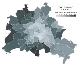 Christlich Demokratische Union ﻿Höchstwerte: 47,3 % (Tempelhof-Schöneberg 7) ﻿Tiefstwerte: 9,7 % (Neukölln 2)