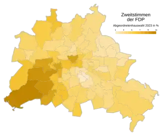 Freie Demokratische Partei ﻿Höchstwerte: 10,7 % (Steglitz-Zehlendorf 7) ﻿Tiefstwerte: 1,8 % (Neukölln 1)
