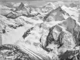 Sammelmulde des Glacier Durand (Zinalgletscher), Matterhorn, Pointe de Zinal, Dent d'Hérens, Ballonaufnahme von Eduard Spelterini, 1910