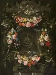 Daniel Seghers & Jacob Denys: Heilige Familie im Blumenkranz, sign. & dat.: „Daniel. Seghers. Soc. tis JESV“, Öl auf Leinwand, 127,5 × 95,5 cm, Königliches Museum der Schönen Künste, Antwerpen