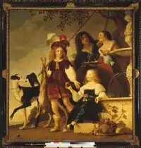 Reproduktion des Gemäldes Familiengruppe mit vier Porträts bei der Rast an einem Brunnen