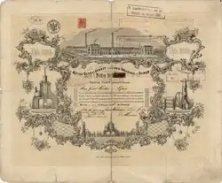 Gründeraktie der Actien-Gesellschaft Eisen-Industrie zu Stirum über 1000 Thaler Preuss. Courant, ausgegeben in Styrum am 1. Februar 1858, ausgestellt auf Friedrich Grillo in Essen. Die Aktie wurde eigenhändig von den Vorstandsmitgliedern unterschrieben, u. a. von Friedrich Grillo, Ernst Nedelmann und Daniel Morian. Die von Wilhelm Theodor Grillo gegründete Eisen-Industrie zu Stirum gehörte zu dieser Zeit zu den bedeutendsten Gesellschaften des Ruhrkohlenbezirks.