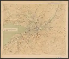 Karte der Tramlinien 1892, Rösslitram blau, projektierte Linien für Elektro- oder Dampftraktion rot