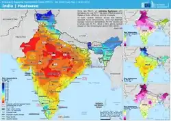 Karte Indiens mit nach Farblegende eingezeichneten Höchsttemperaturen für April. Die Maxima sind im Norden bis Nordwesten Indiens. Einzelne Werte in Madhya Pradesh liegen über 46 Grad Celsius und über 45 Grad Celsius in Rajasthan.