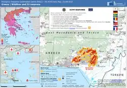 Karte von Thrakien mit eingezeichneter verbrannter Fläche von 10365 Hektar